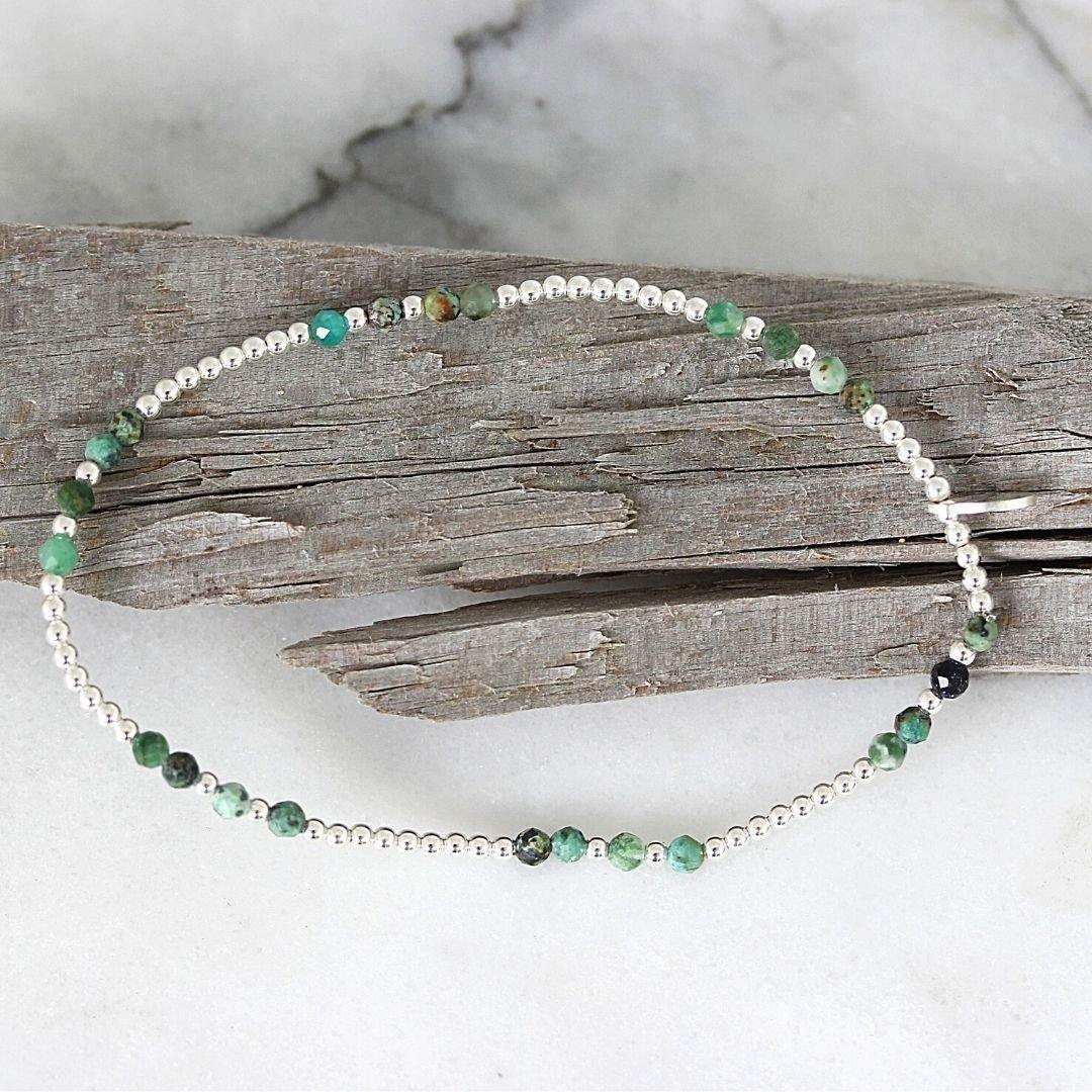 Sterling Silver 2 x 3mm Small Bead Balls & Turquoise 17.5cm Stretch Bracelet - STERLING SILVER DESIGNS