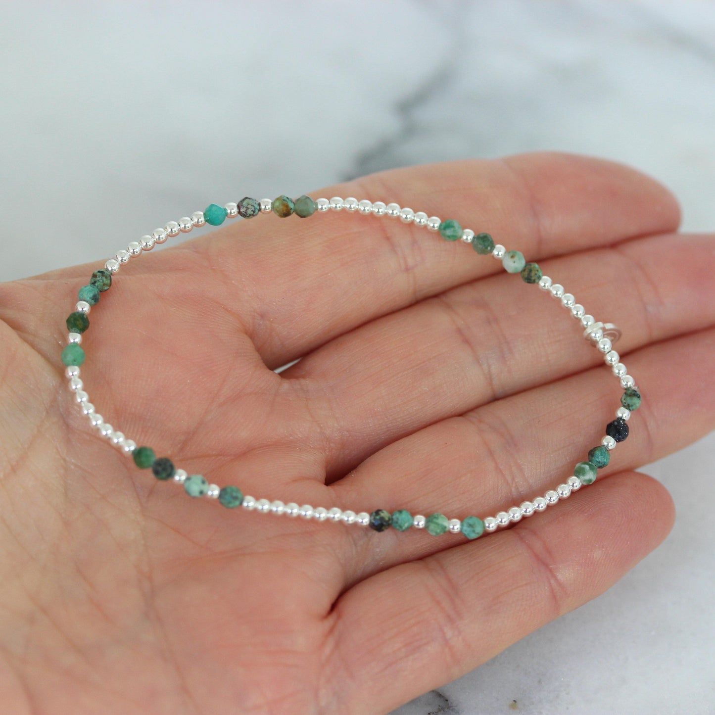 Sterling Silver 2 x 3mm Small Bead Balls & Turquoise 17.5cm Stretch Bracelet - STERLING SILVER DESIGNS