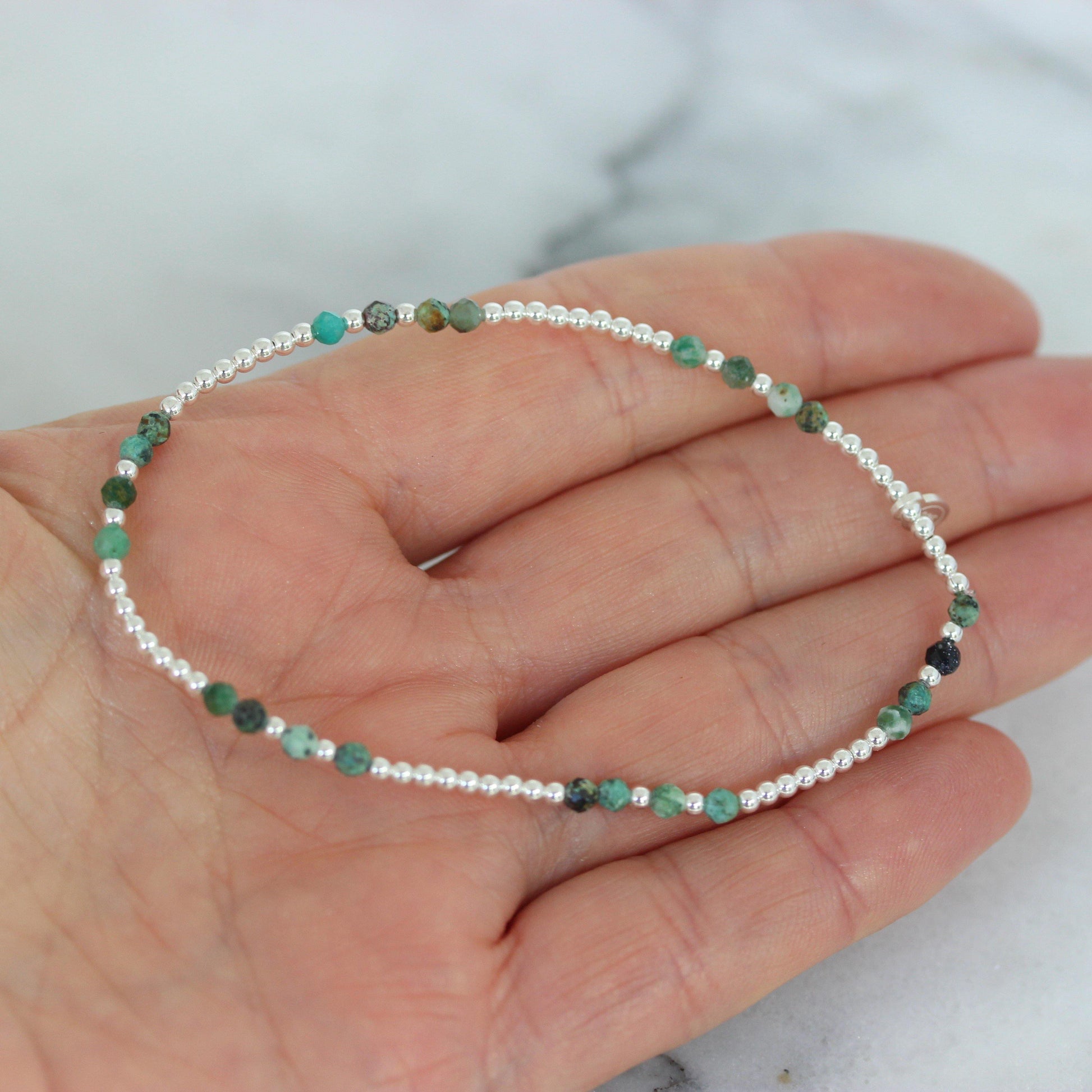 Sterling Silver 2 x 3mm Small Bead Balls & Turquoise 17.5cm Stretch Bracelet - STERLING SILVER DESIGNS